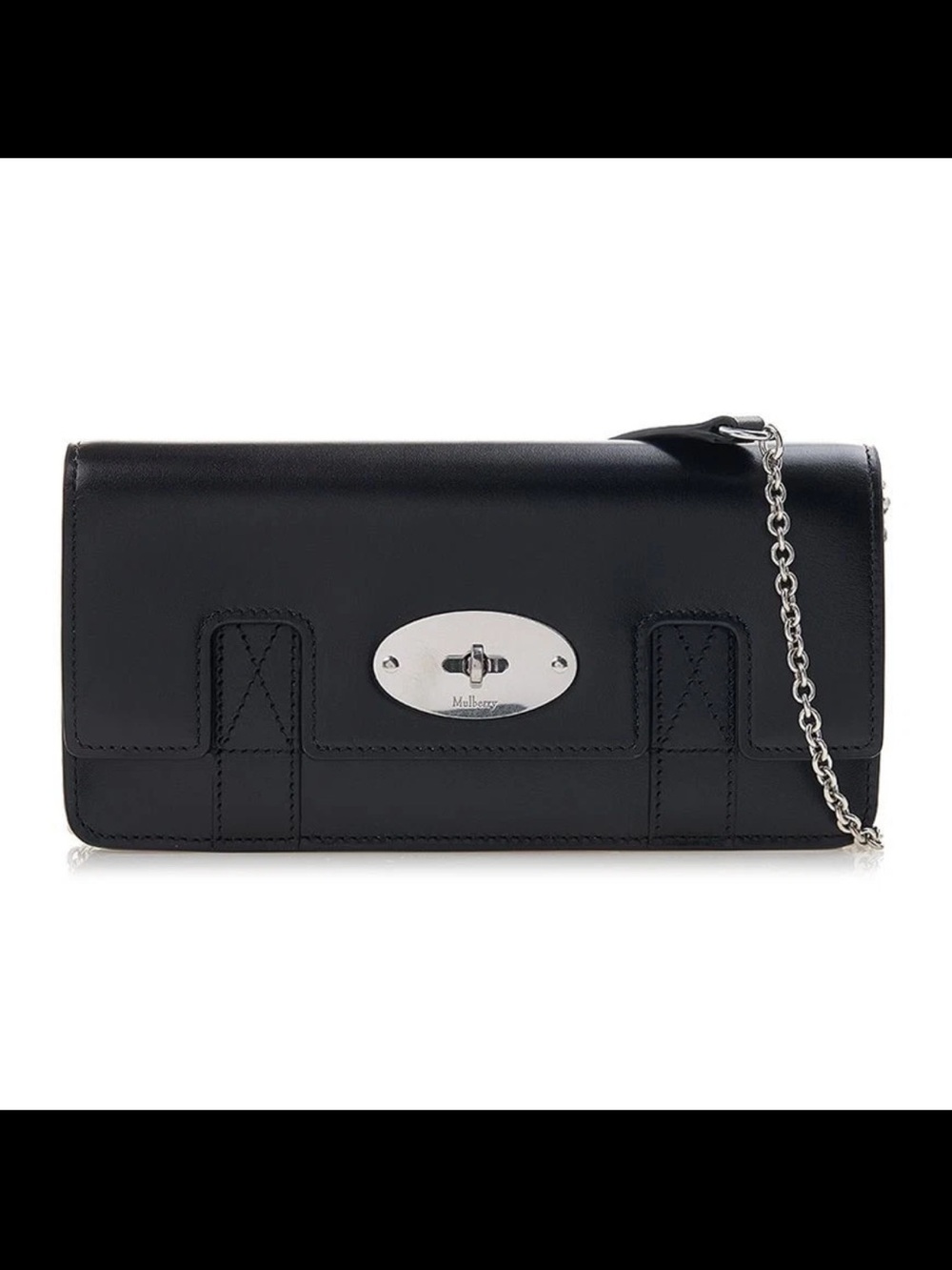 Mulberry Black Leather Chain-Shoulder Wallet with Silver Turnlock